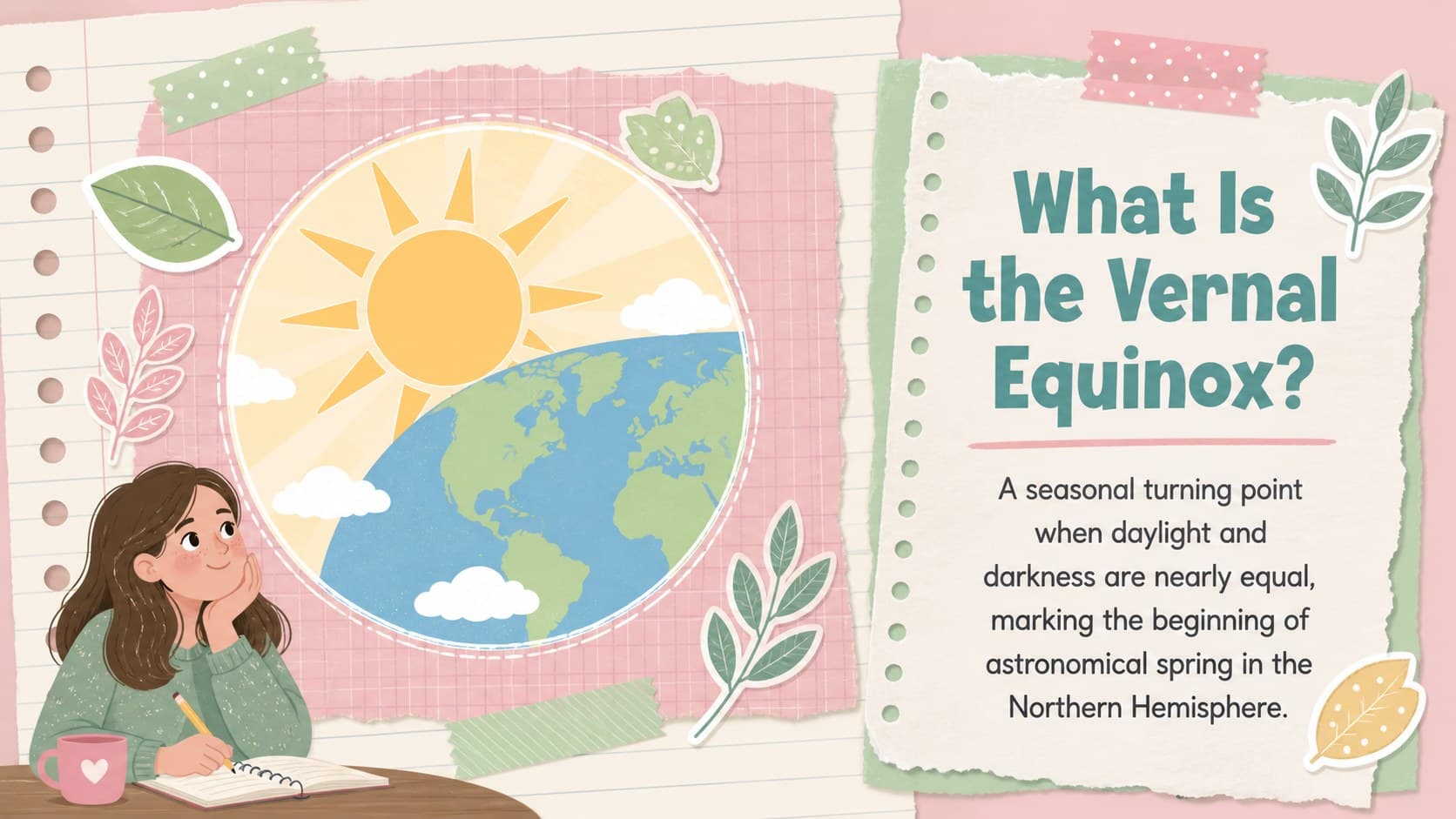 Pastel spring equinox lesson presentation slide introducing the moment when day and night are nearly equal.