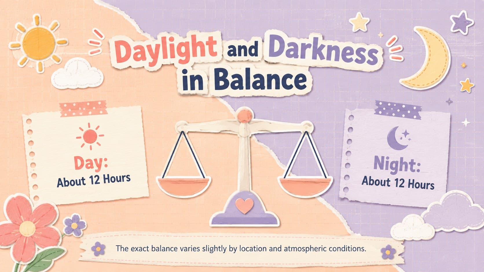 Colorful vernal equinox classroom slide comparing daylight and nighttime with balanced scrapbook panels.