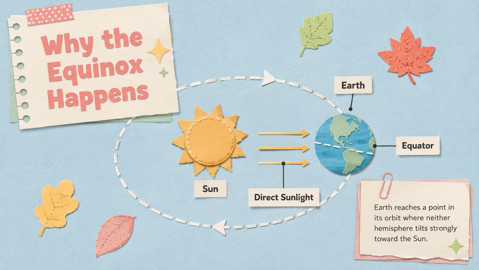 Spring equinox science slide showing Earth's orbit and direct sunlight in a playful pastel scrapbook diagram.