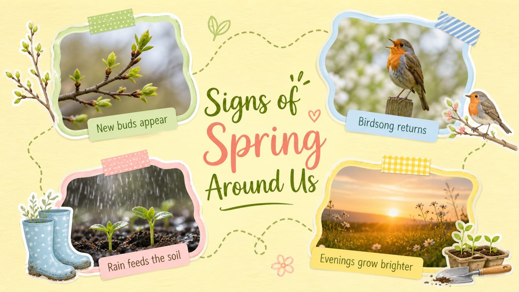 Pastel seasonal scrapbook deck page featuring illustrated signs of spring such as buds, birds, rain, and longer evenings.