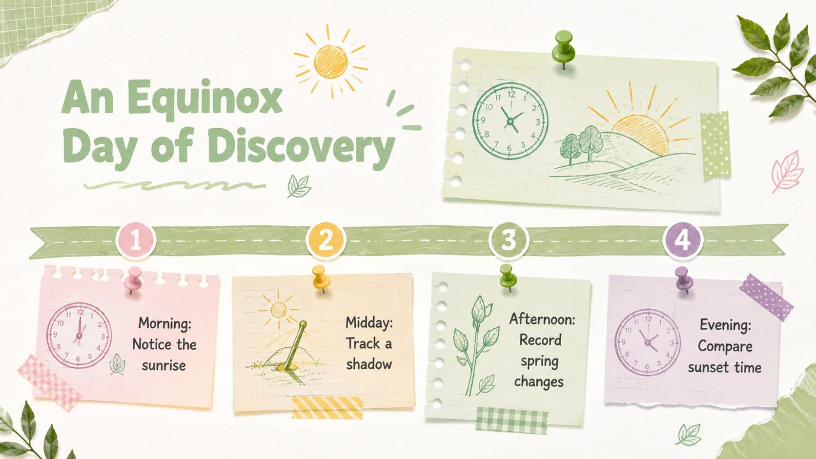 First day of spring presentation timeline showing morning, midday, afternoon, and evening observation activities.