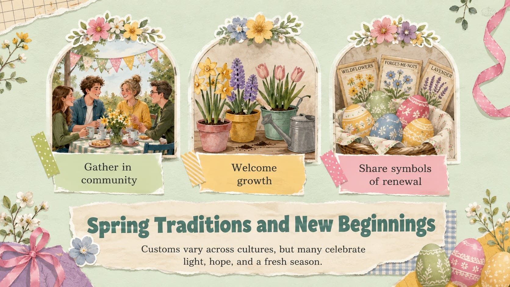 Vernal equinox scrapbook presentation page highlighting spring traditions through three colorful cultural snapshots.