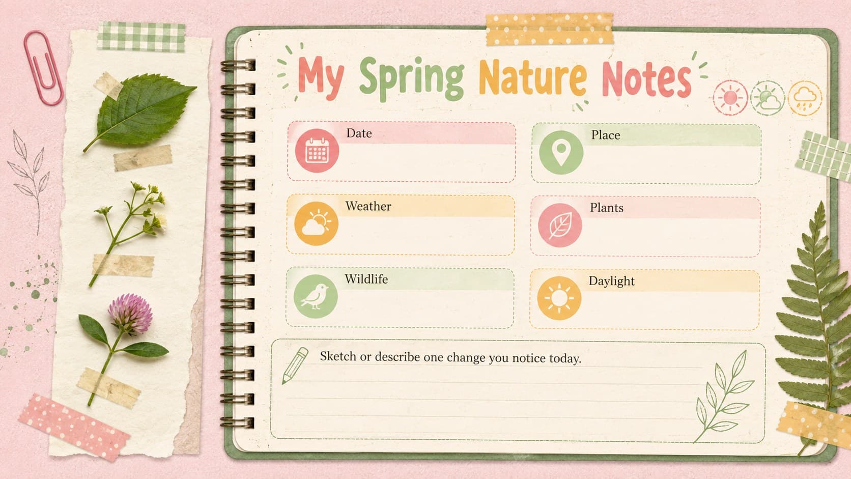 Spring nature journal slide with pastel observation fields for weather, plants, wildlife, and daylight.