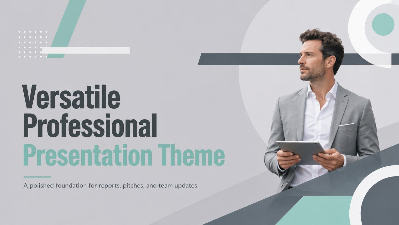 Cover of the Versatile Professional Presentation Theme with bold typography, gray structure, and colorful geometric accents.