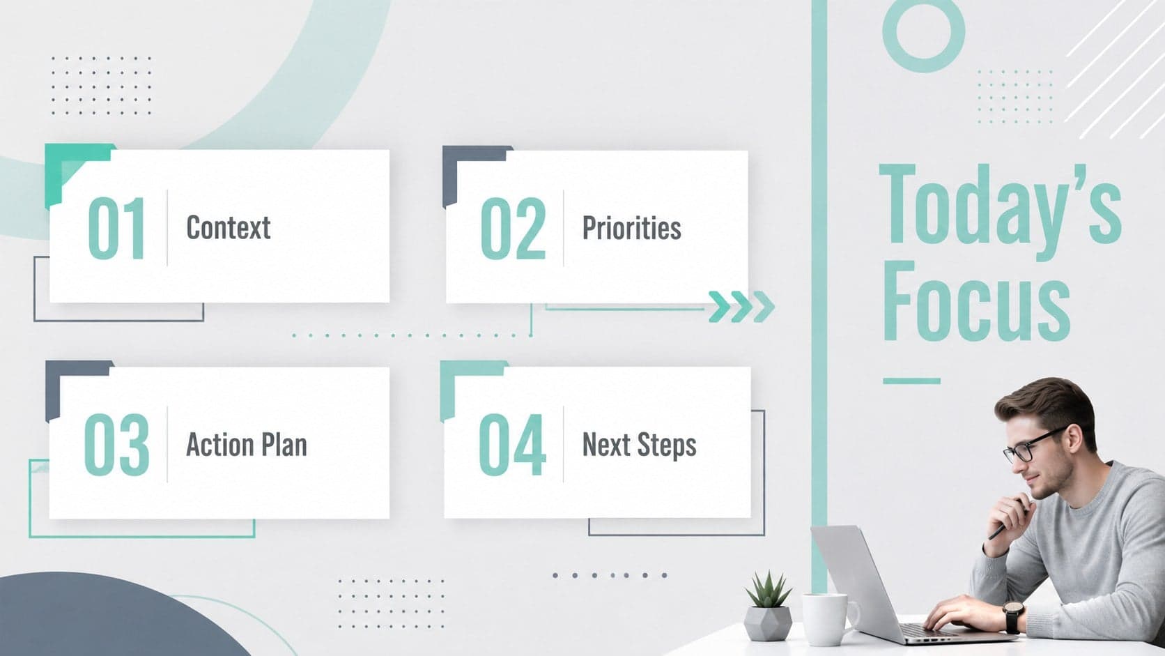 Professional presentation agenda slide with four structured topics and bright color accents on a gray background.