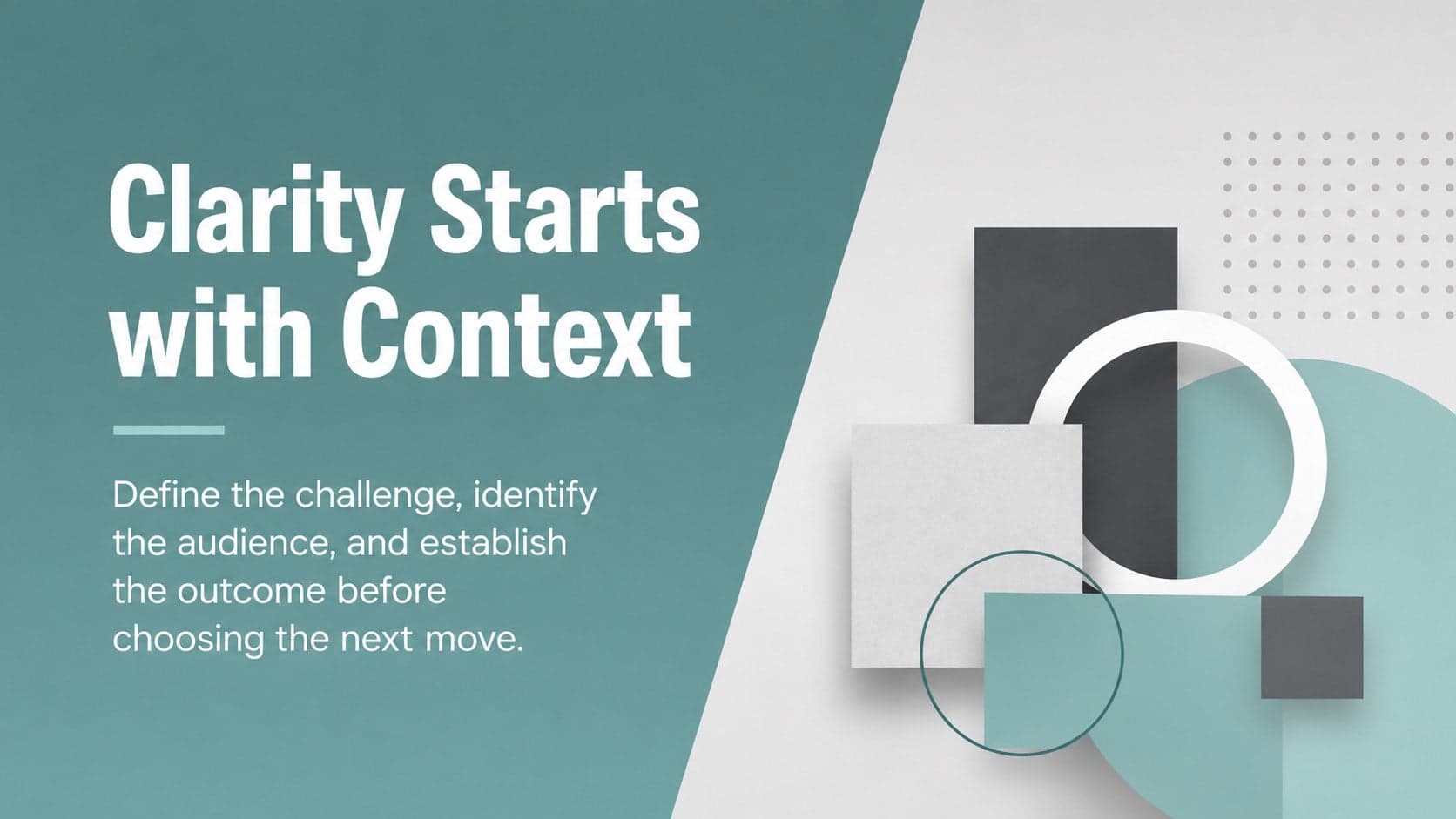 Clean corporate overview slide presenting a concise business challenge beside a colorful abstract graphic.