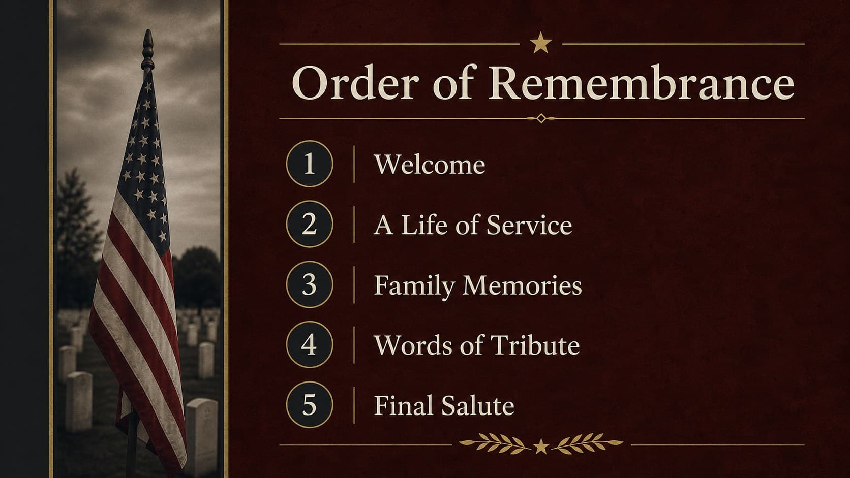 Veteran memorial slideshow agenda presenting the order of remembrance beside a formal flag detail.