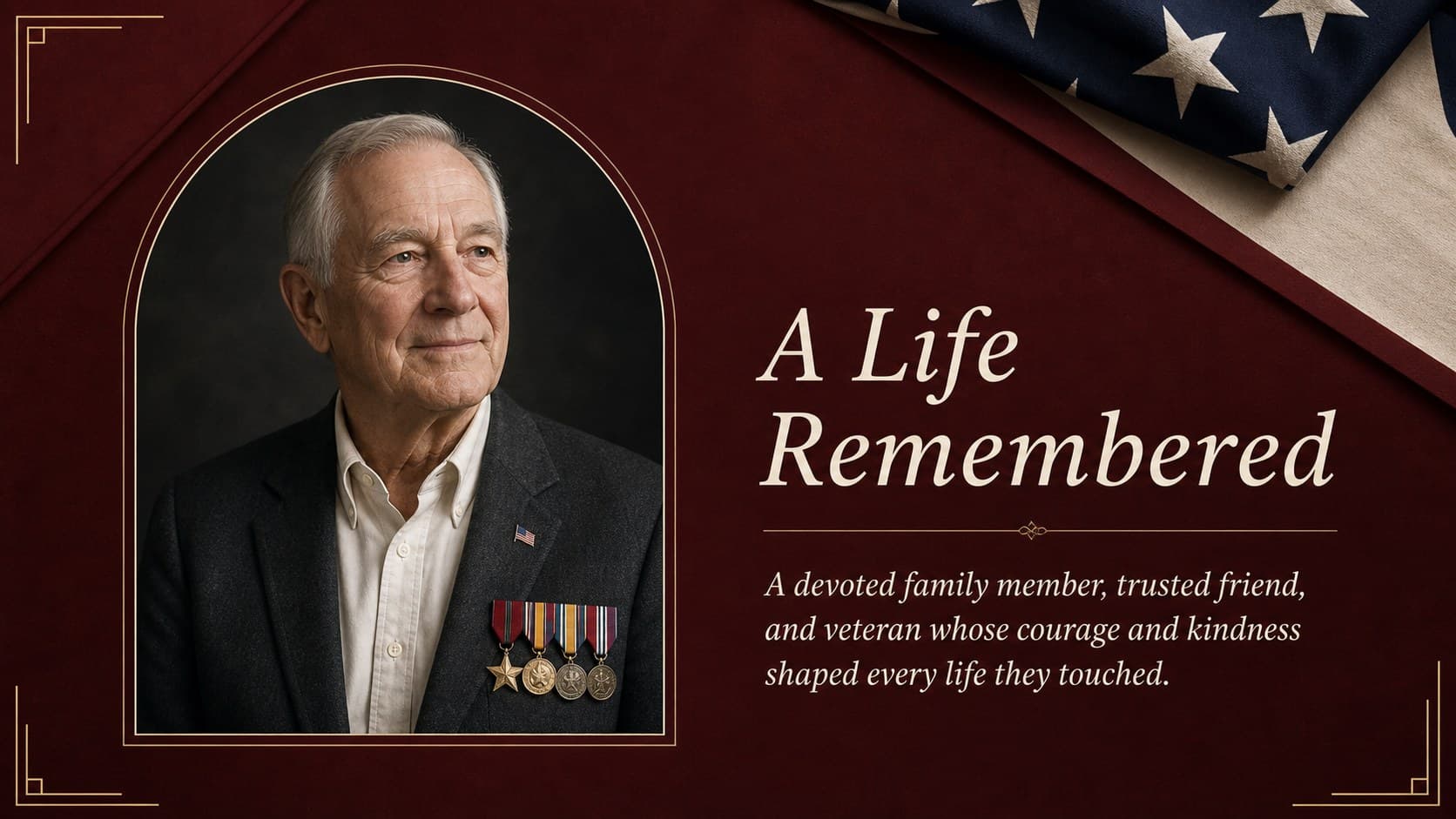 Military remembrance presentation slide honoring a veteran's life with a portrait frame and short biography.