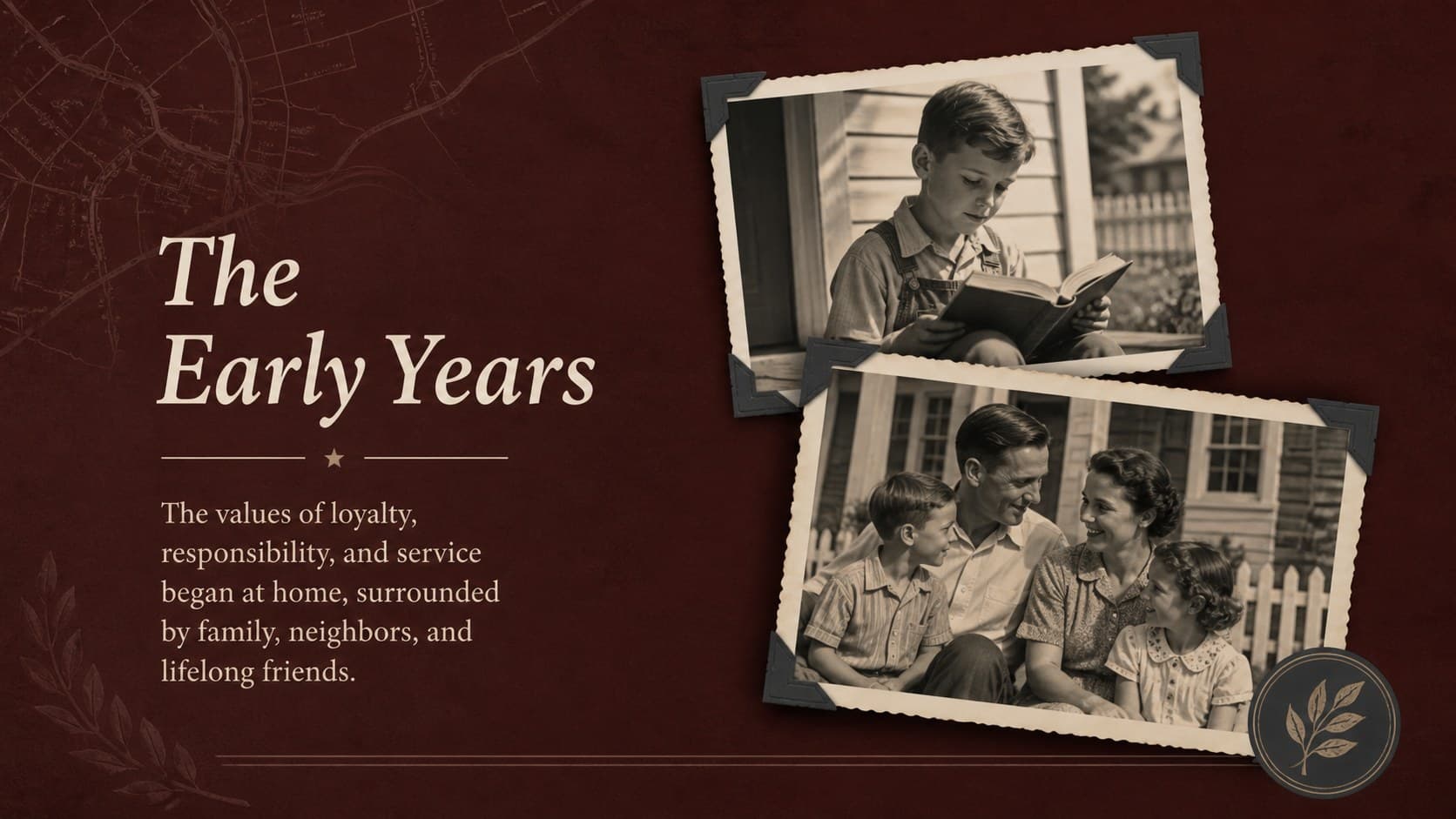 Veteran funeral PowerPoint template layout showing early-life photographs and a concise personal story.