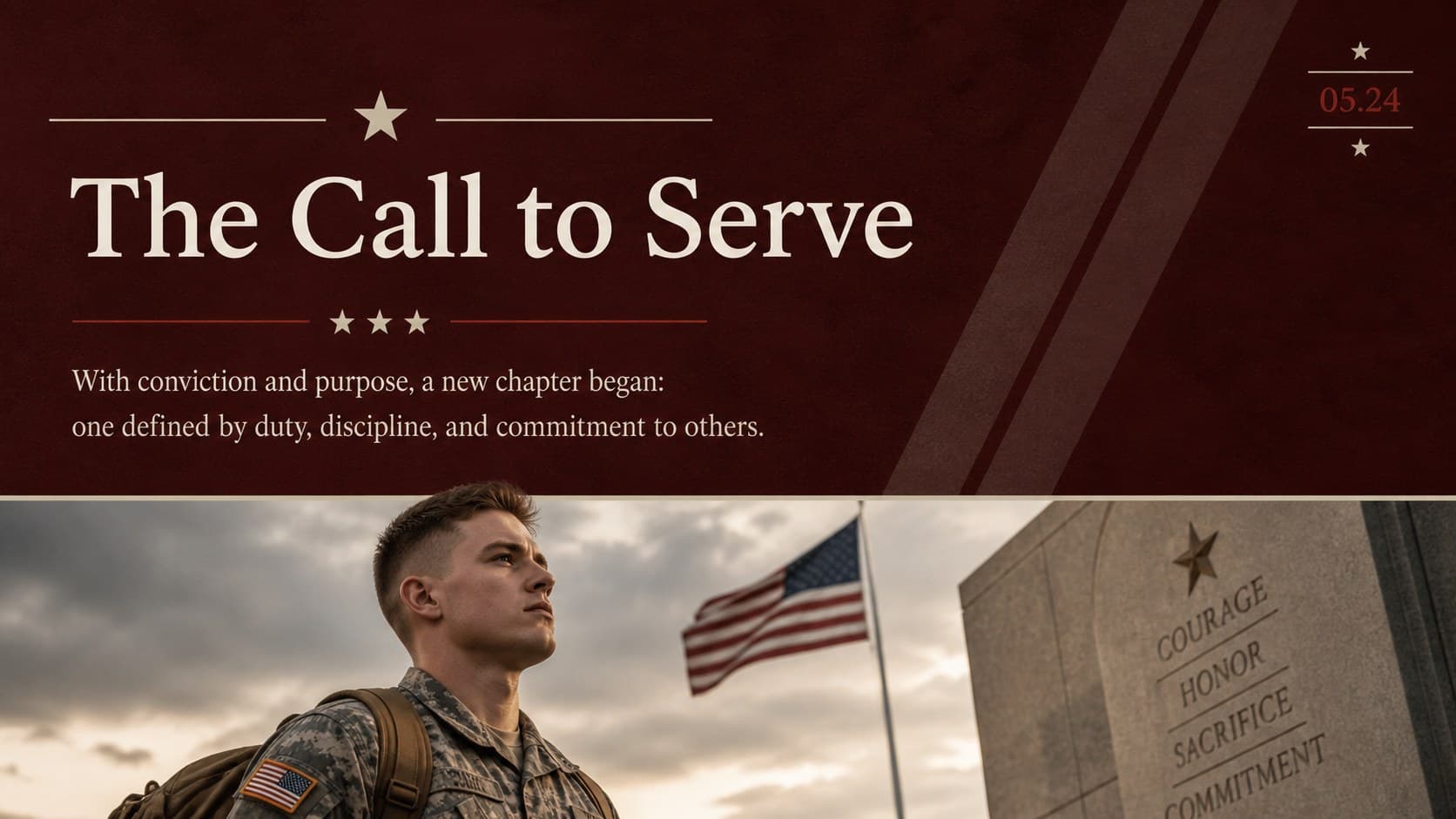 Military tribute slide describing a veteran's decision to serve beside an original enlistment-themed photograph.