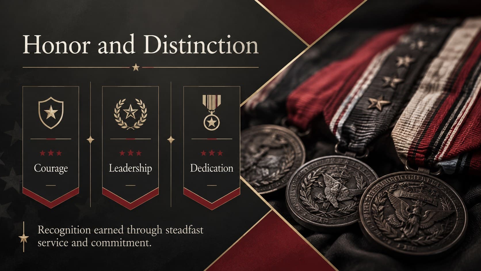 Formal veteran tribute layout presenting commendations, service values, and medal-inspired decorative details.