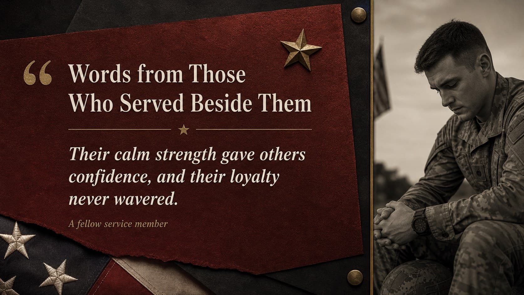 Military remembrance Google Slides layout featuring an original comrade portrait and a heartfelt quotation.