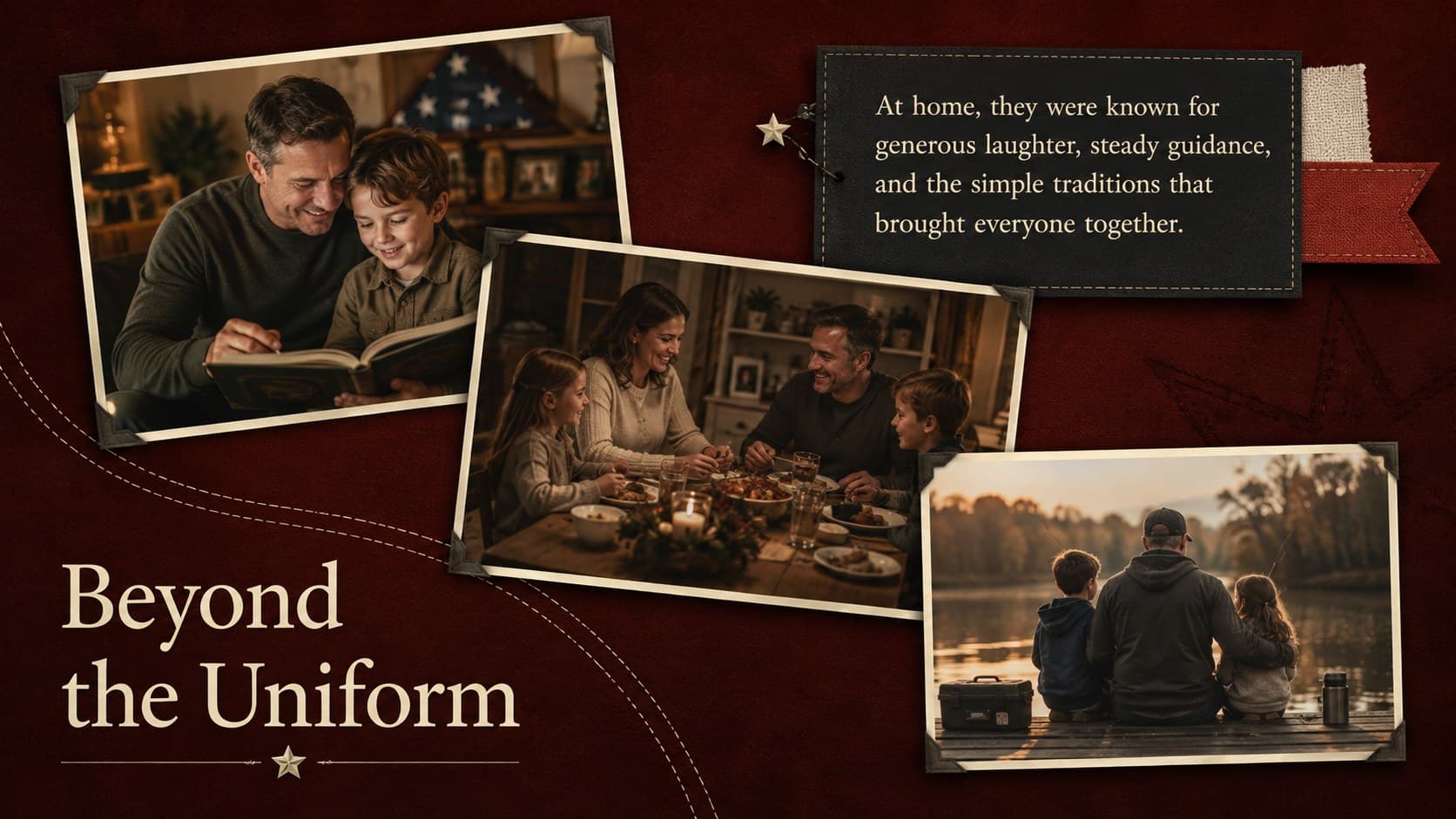 Family memories page from a veteran memorial slideshow template with three personal photo placeholders.