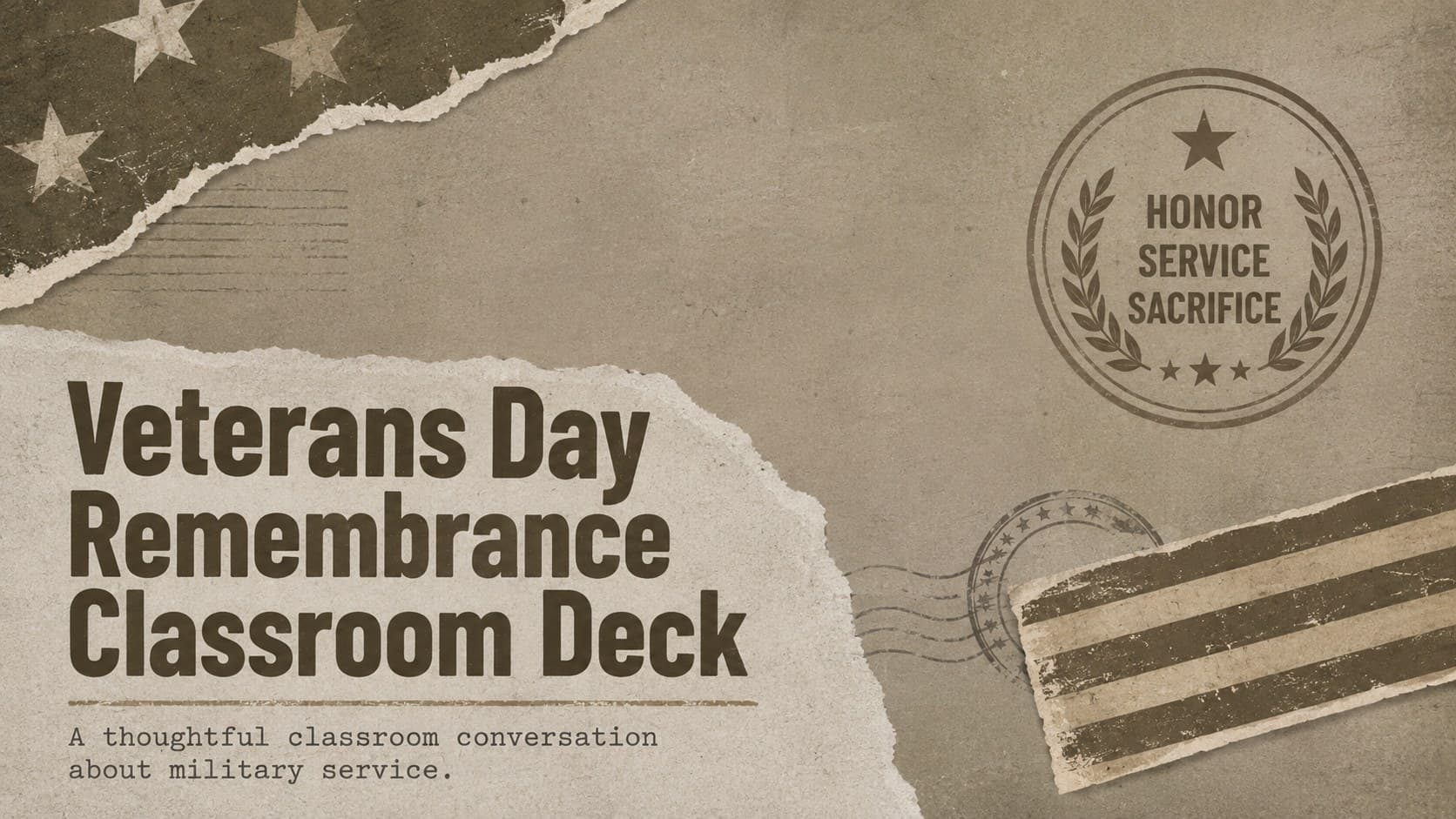 Cover of the Veterans Day remembrance classroom deck with bold vintage typography, muted brown and grey paper textures, and original commemorative graphics.
