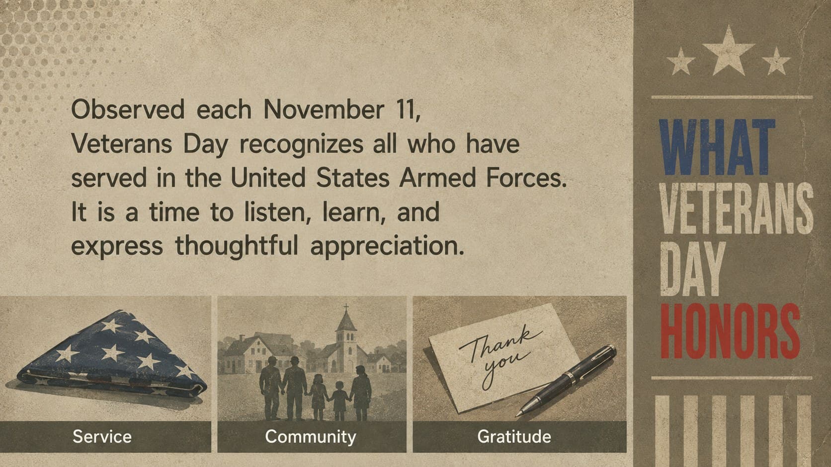 Veterans Day classroom presentation slide explaining the holiday through a concise definition and respectful service-themed illustrations.