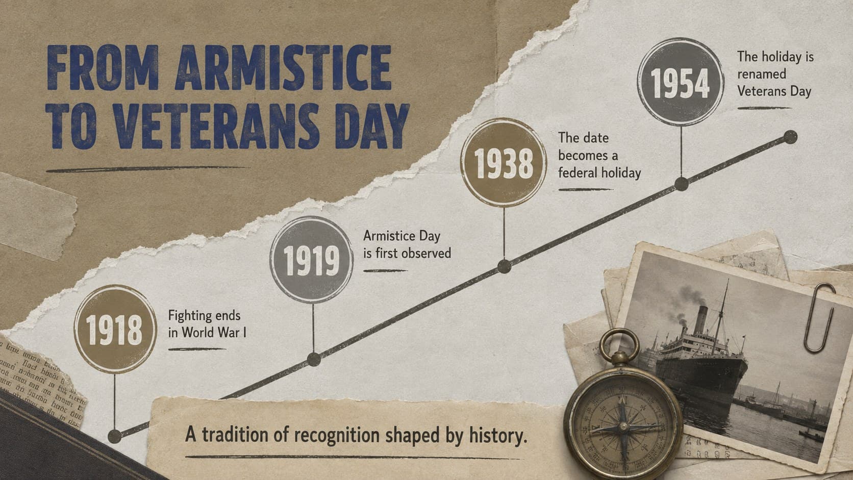 Military service history presentation slide featuring a vintage brown and grey timeline of key Veterans Day milestones.