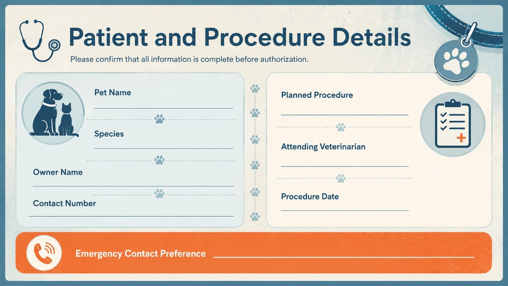 Veterinary consent details slide with fields for the pet, owner, planned procedure, and emergency contact.