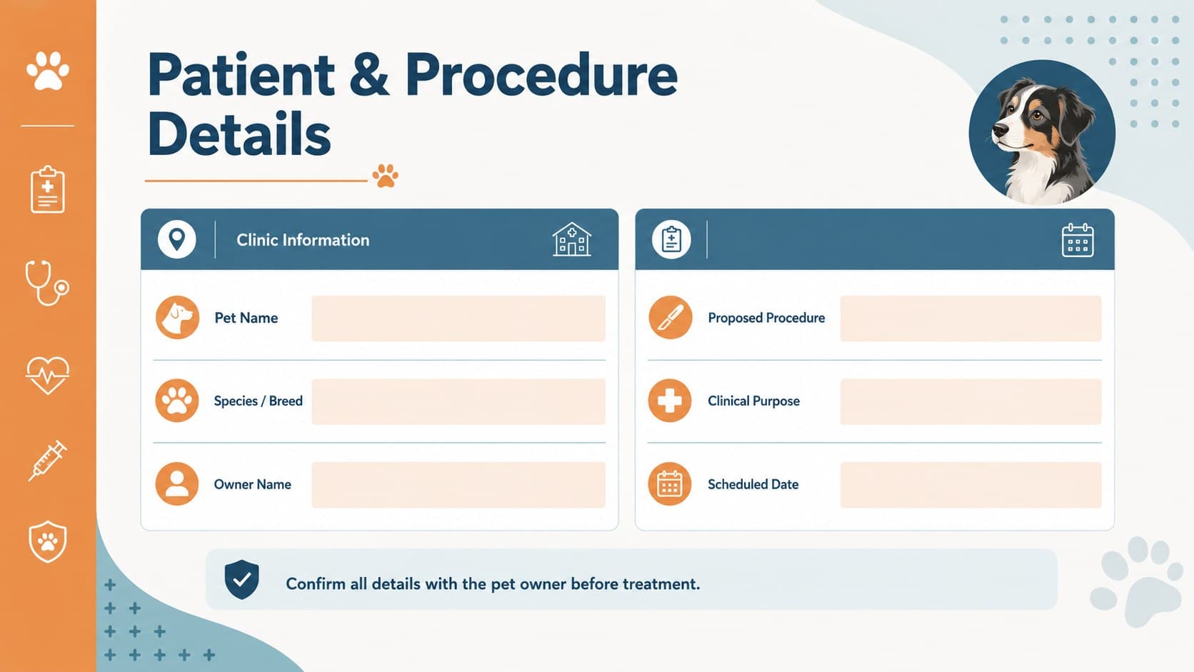 Veterinary patient and procedure details slide with editable fields for a pet surgery authorization presentation.