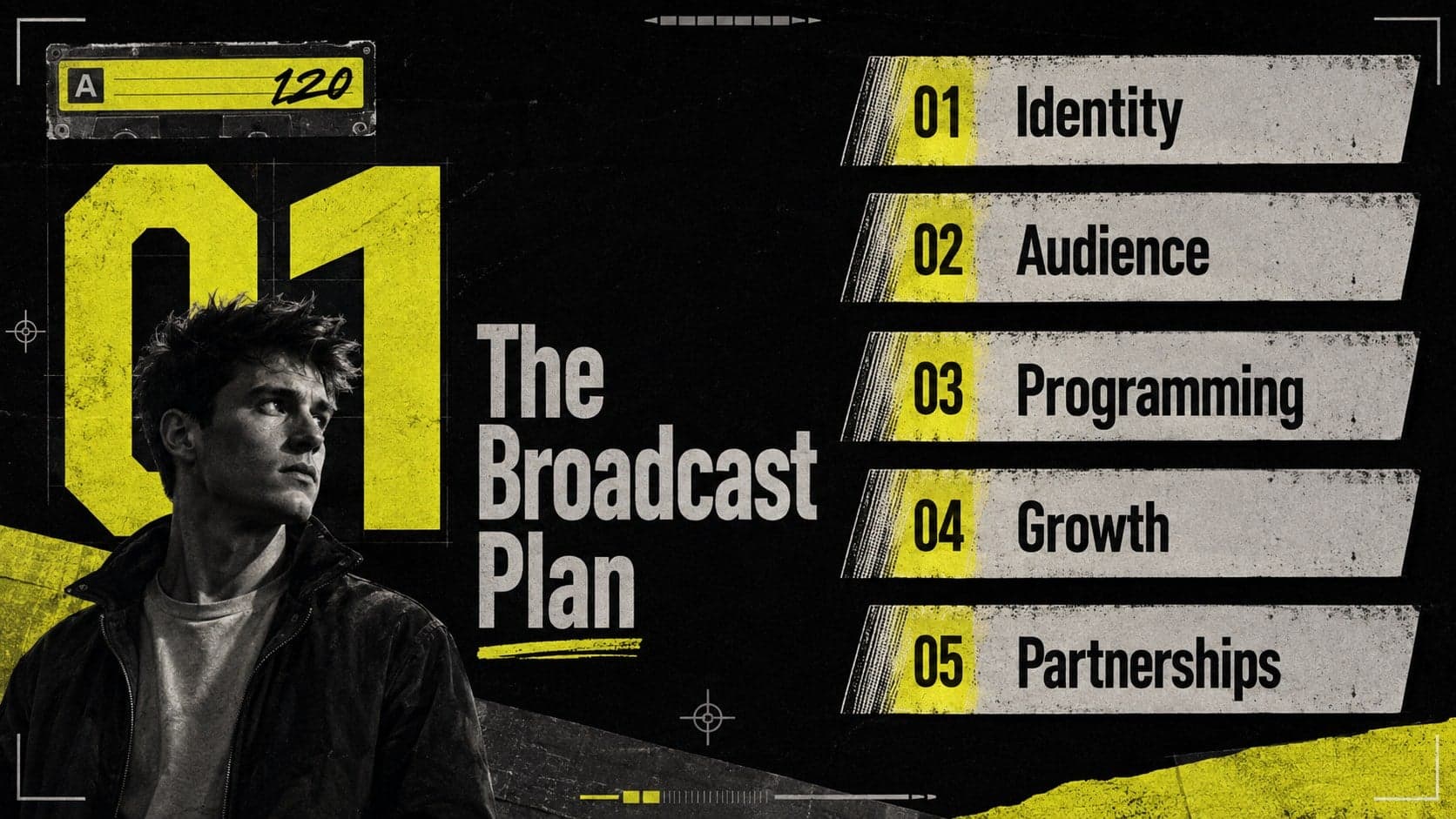 VHS channel pitch agenda slide outlining identity, audience, programming, growth, and partnerships.