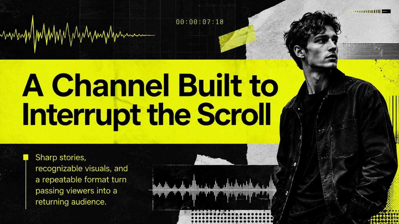 Creator channel vision slide using bold neon typography and distressed analog video graphics.