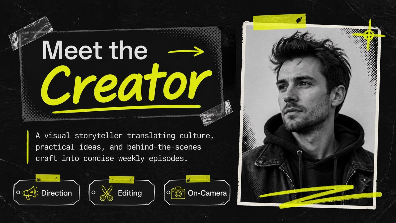 Creator profile page for a retro creator media kit with portrait space, biography, and specialty labels.