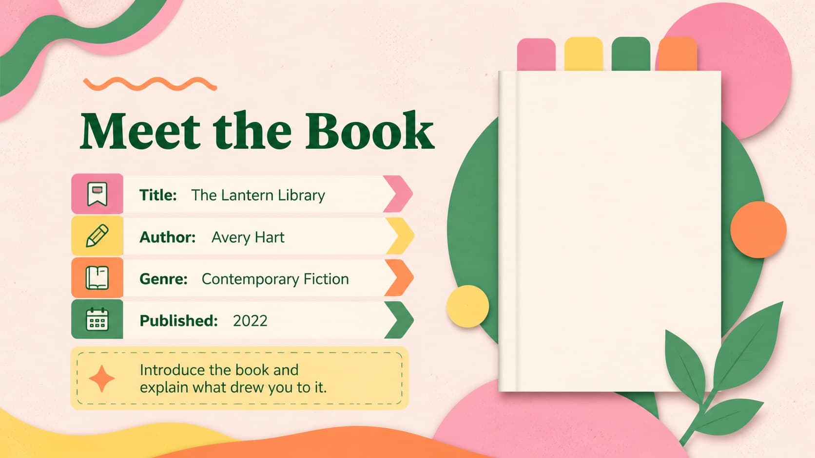 Colorful book overview layout from an editable book report deck with spaces for title, author, genre, and publication details.