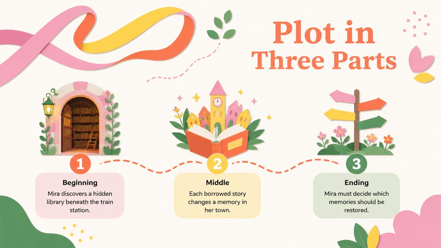 Vibrant book review slide presenting a concise plot summary in three colorful story stages.