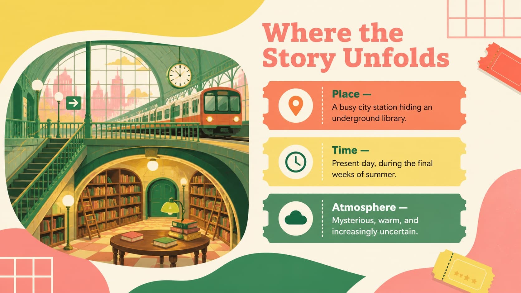 Creative novel review presentation slide describing the setting through place, time, and atmosphere.