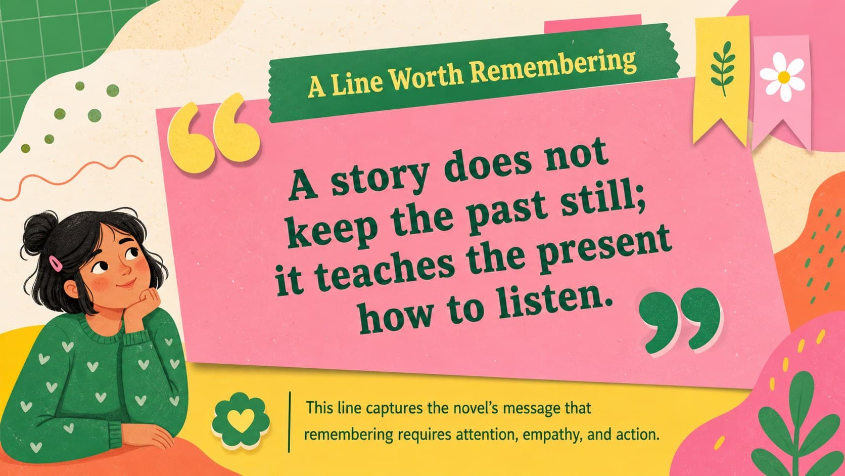 Colorful reading response presentation slide featuring a memorable quotation and a short interpretation.