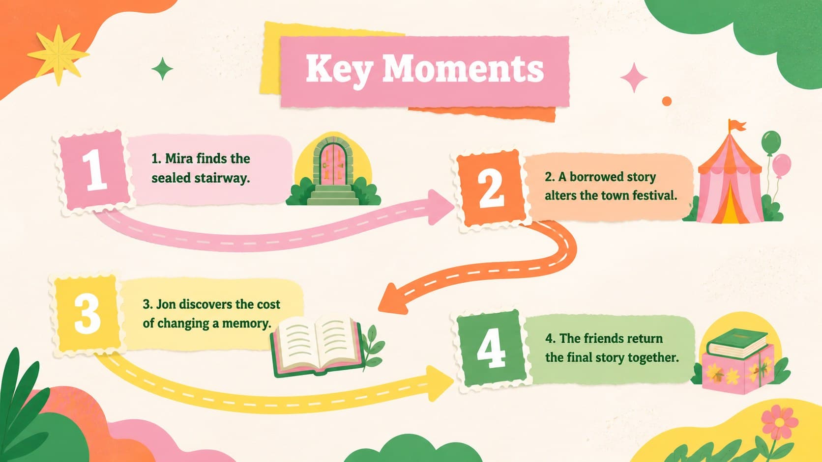 School reading project slide displaying a visual sequence of four important events from a fictional novel.