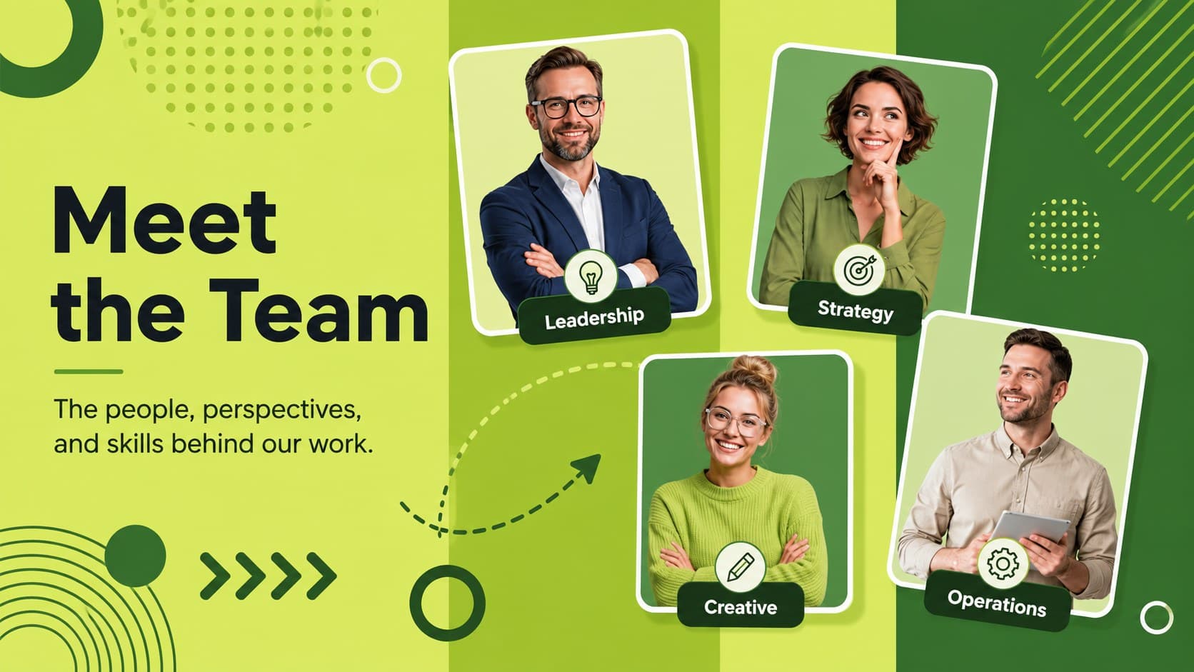 Meet the team presentation slide featuring staff portraits and concise role labels in a green layout.