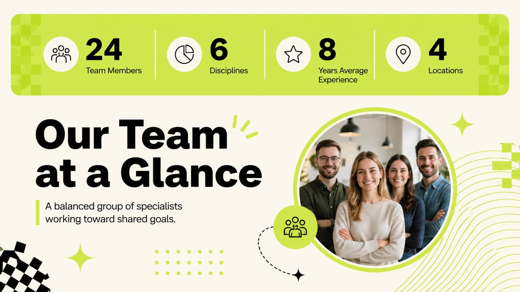 Green team profile presentation overview with department statistics and employee summary blocks.