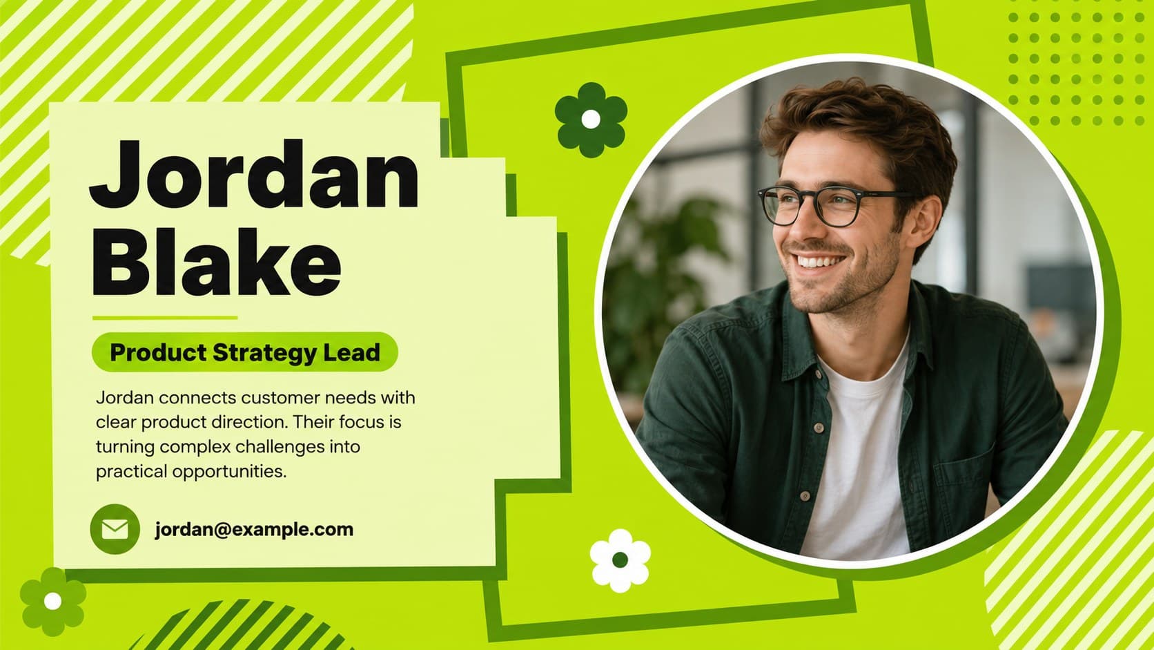 Editable employee introduction slide with a large portrait, role, biography, and contact details.