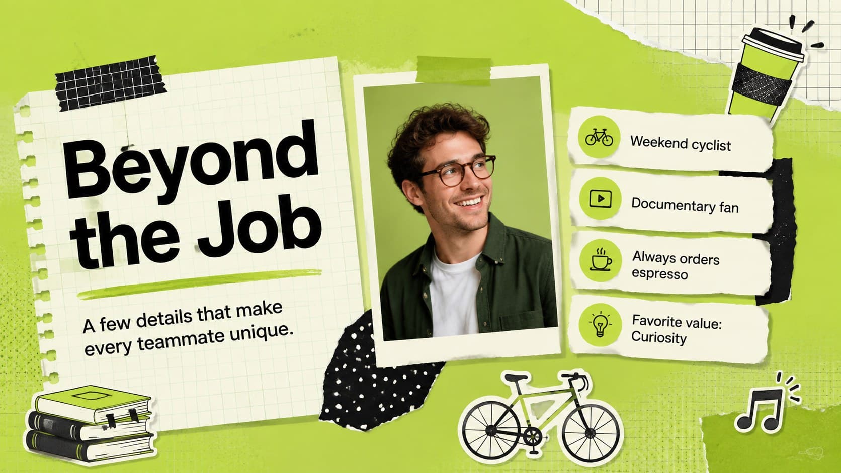 Playful green employee profile slide with quick personal facts, interests, and workplace preferences.