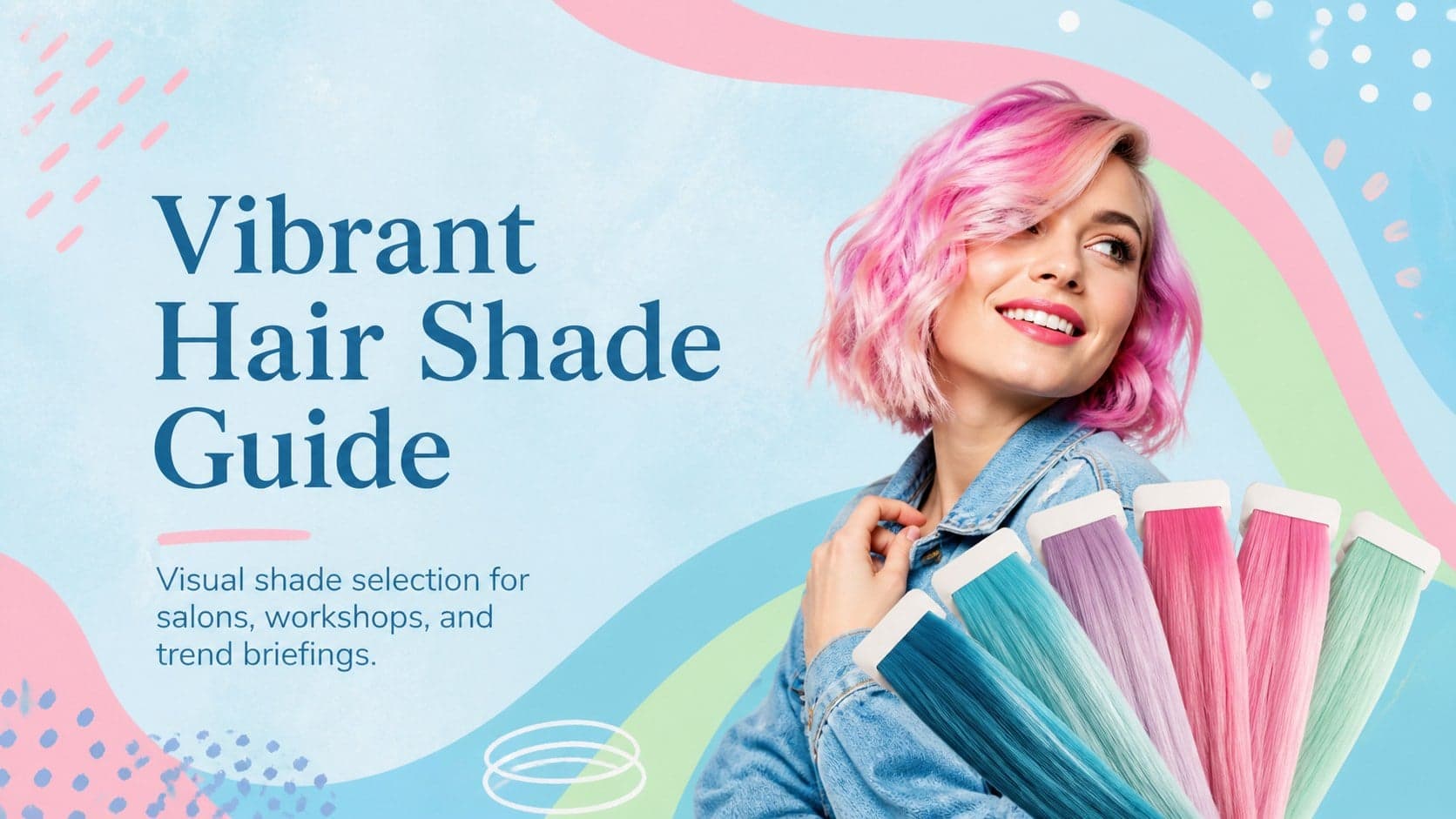 Cover of the Vibrant Hair Shade Guide featuring blue and pastel salon-inspired graphics.
