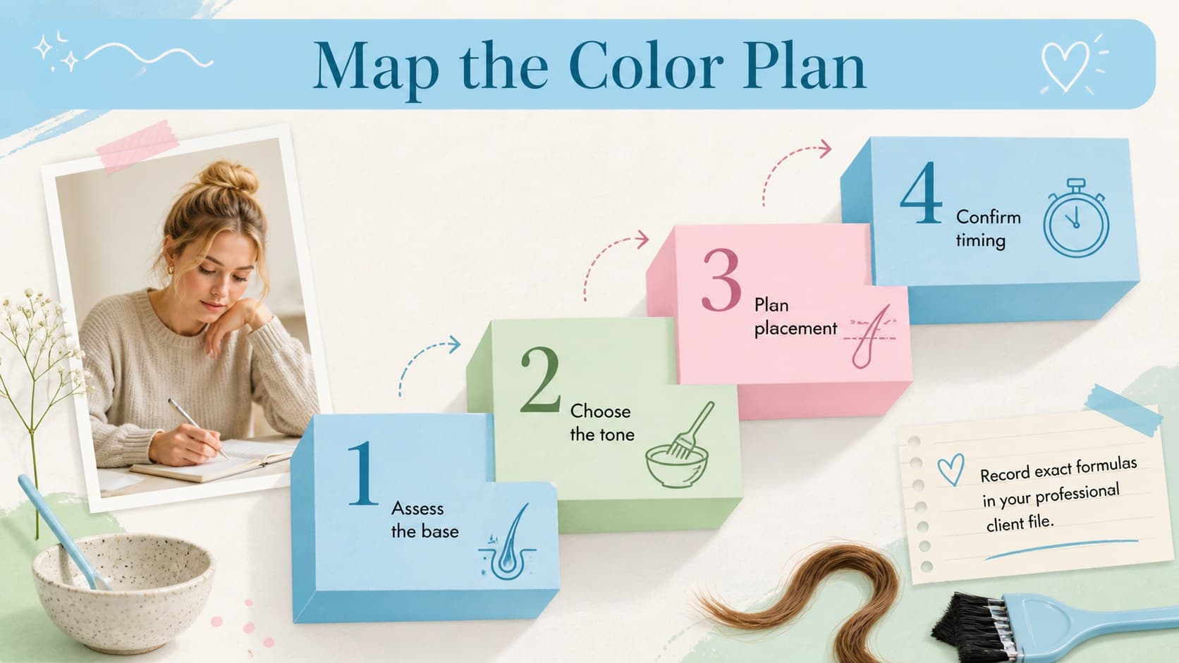 Hair color formula planning slide with base, tone, placement, and processing steps.
