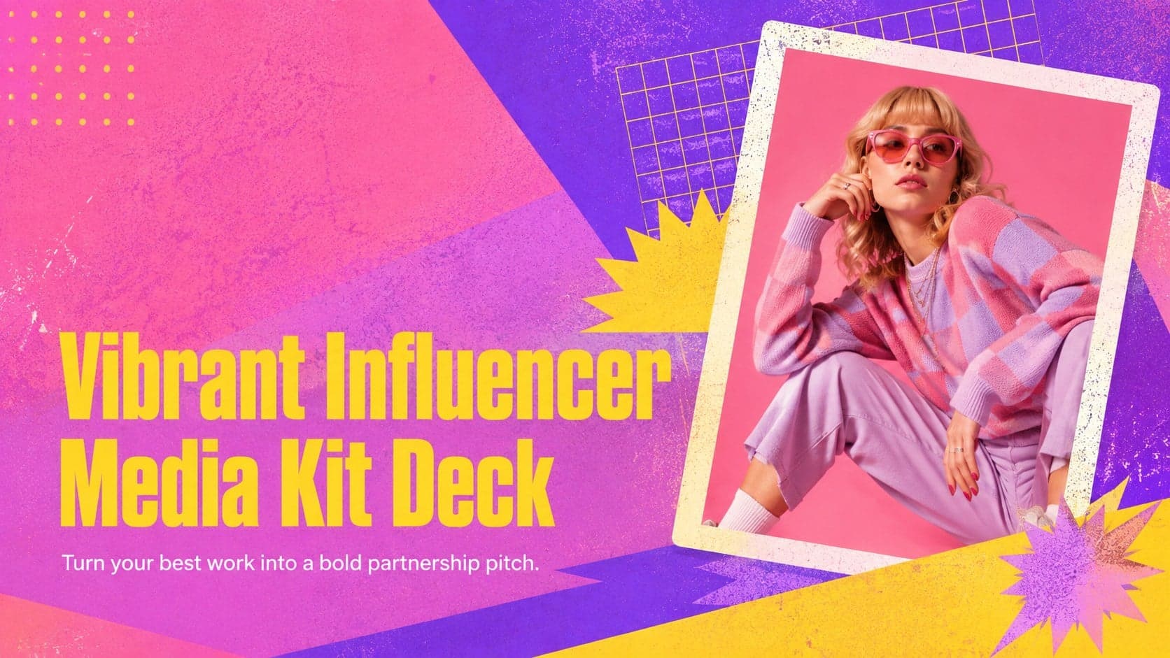 Cover of a vibrant influencer media kit deck with vivid pink, purple, and yellow gradients.
