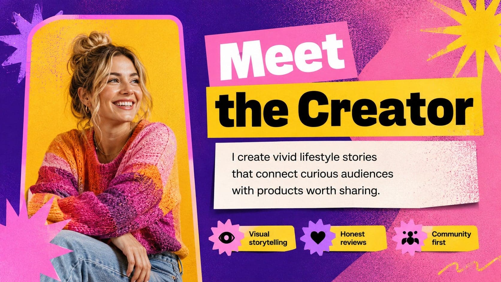 Colorful creator profile slide introducing the influencer behind a media kit presentation.