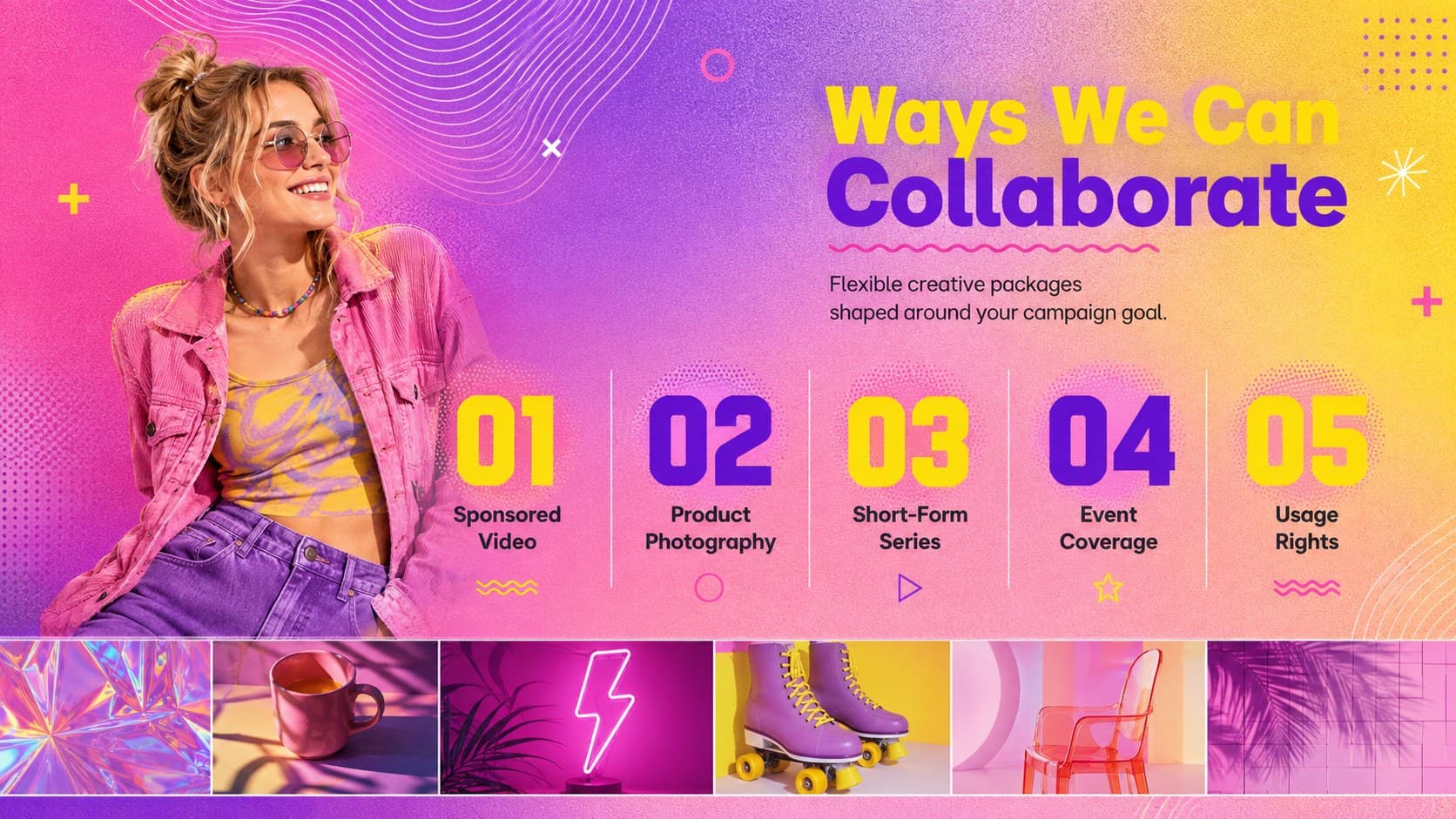 Brand collaboration proposal slide listing creative services for sponsored campaigns.
