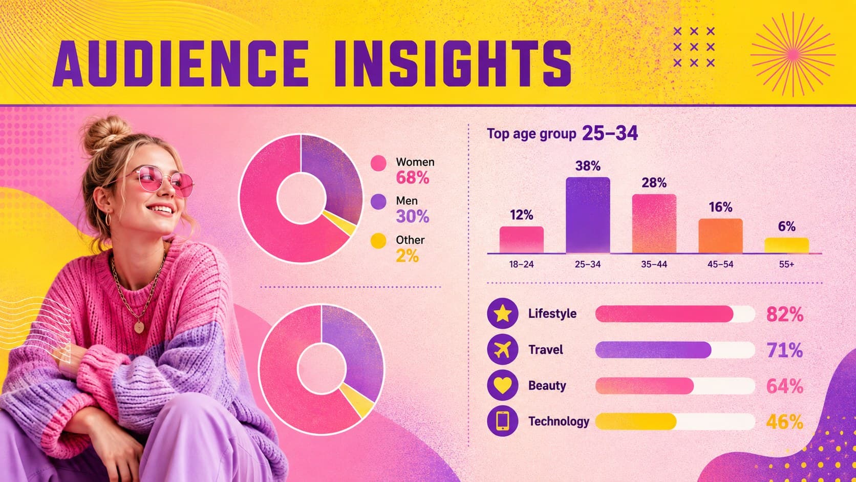 Creator analytics presentation template showing audience demographics and interests.