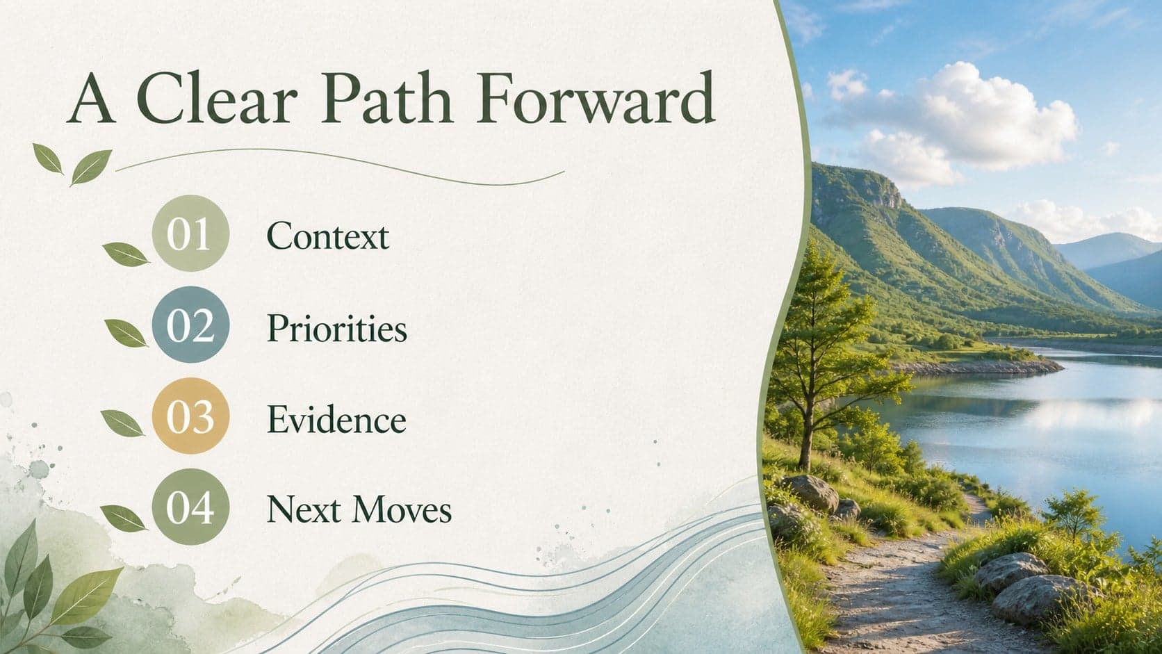 Nature-inspired agenda slide presenting four stages for a professional strategy discussion.