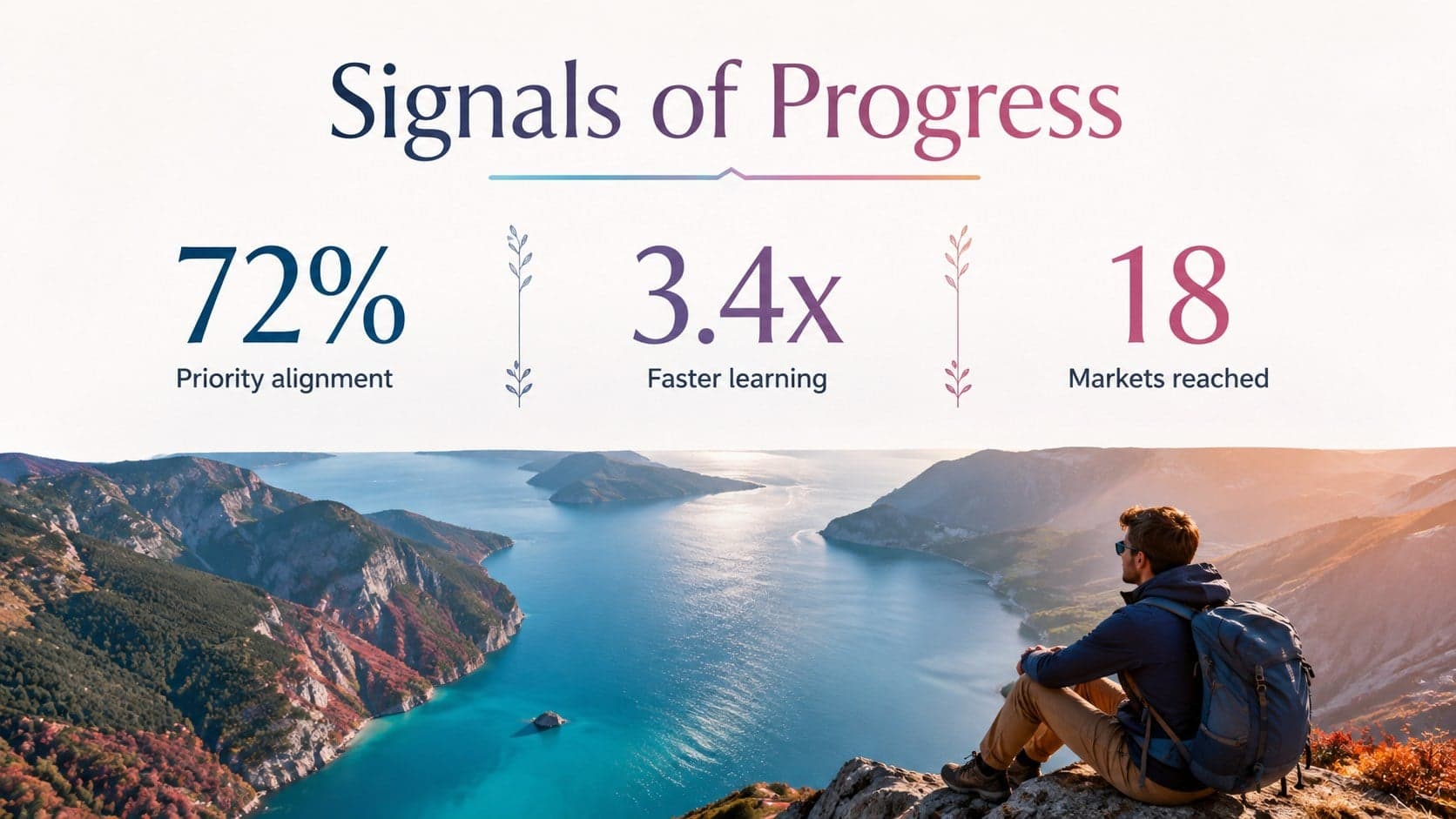 Colorful landscape presentation slide displaying three business performance metrics.