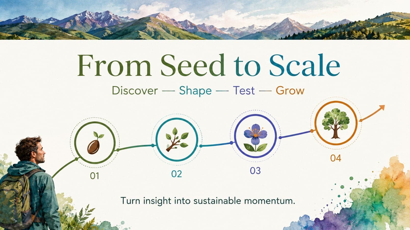 Nature-inspired business timeline tracing four stages from discovery through growth.