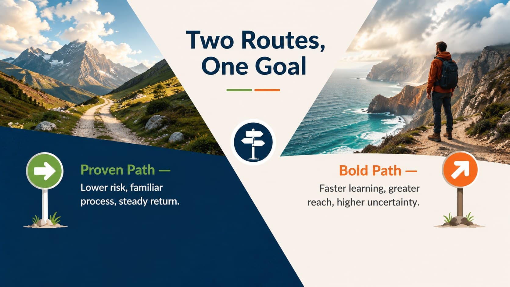 Professional comparison slide contrasting a proven path with a bold path using landscape imagery.