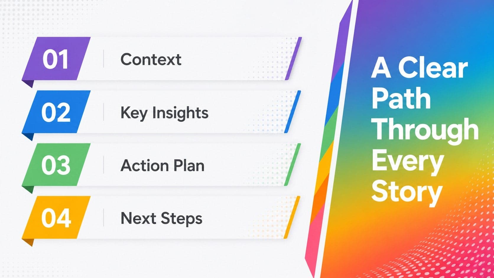 Colorful business presentation template agenda showing four structured sections with bright geometric markers.