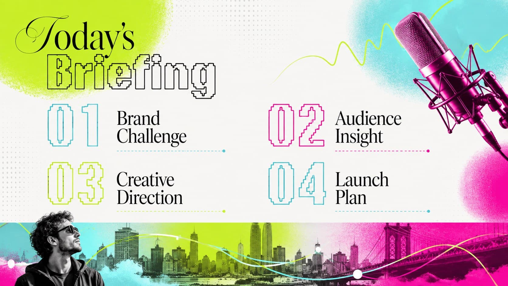 Colorful newsroom branding presentation agenda with four strategic sections and editorial graphic accents.