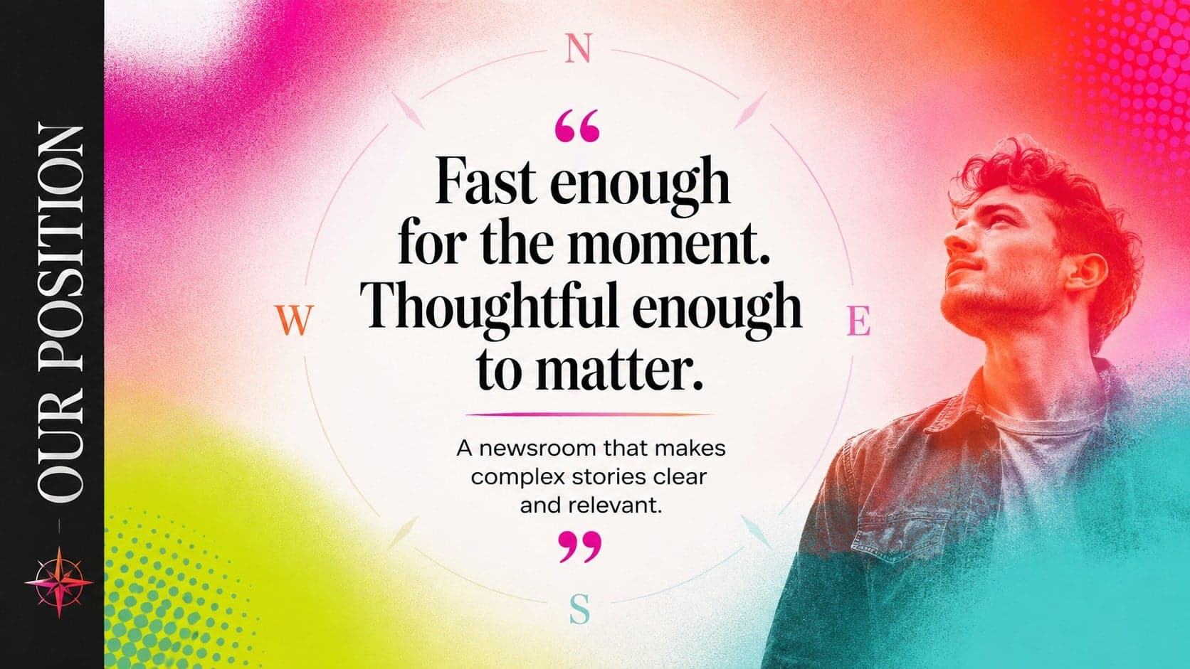 Editorial brand strategy template slide presenting a concise positioning statement in a bold gradient layout.
