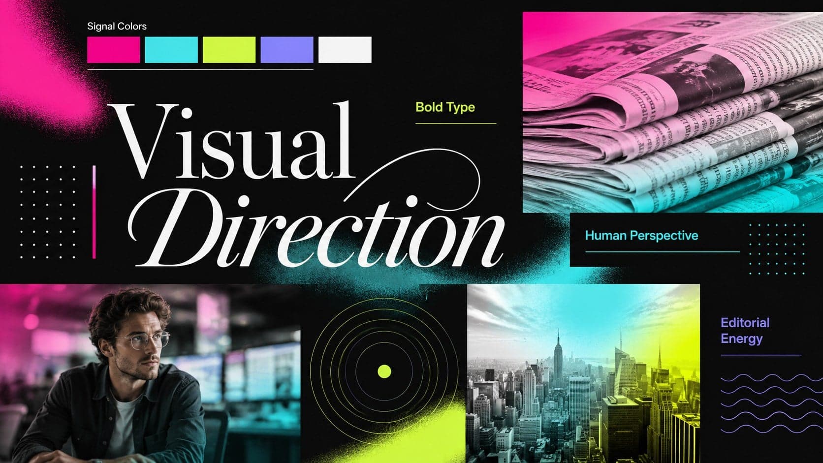 Newsroom visual direction slide combining typography, color swatches, photography, and graphic motifs.