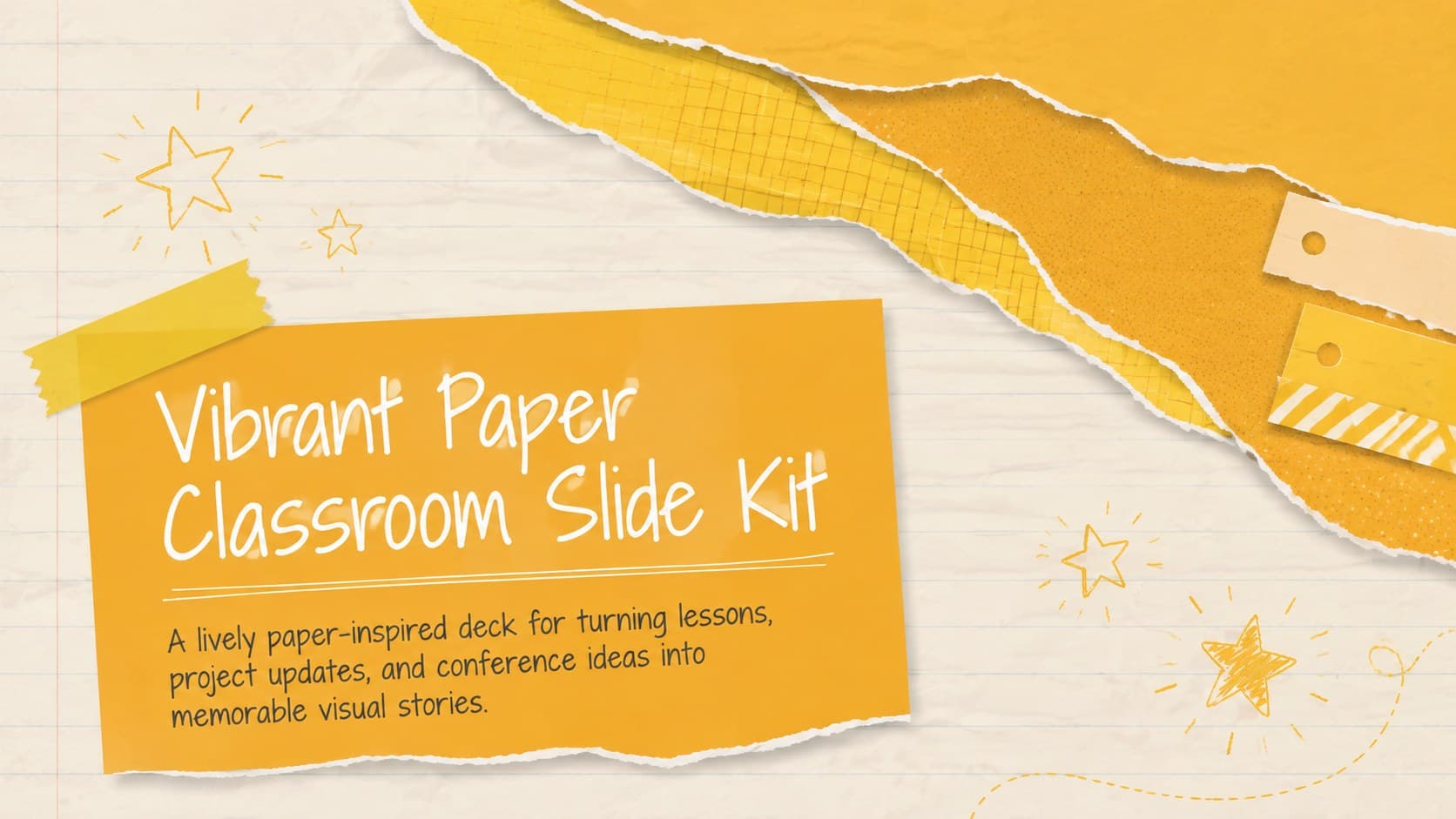 Cover of the Vibrant Paper Classroom Slide Kit with layered paper shapes, warm yellow accents, and handwritten details.