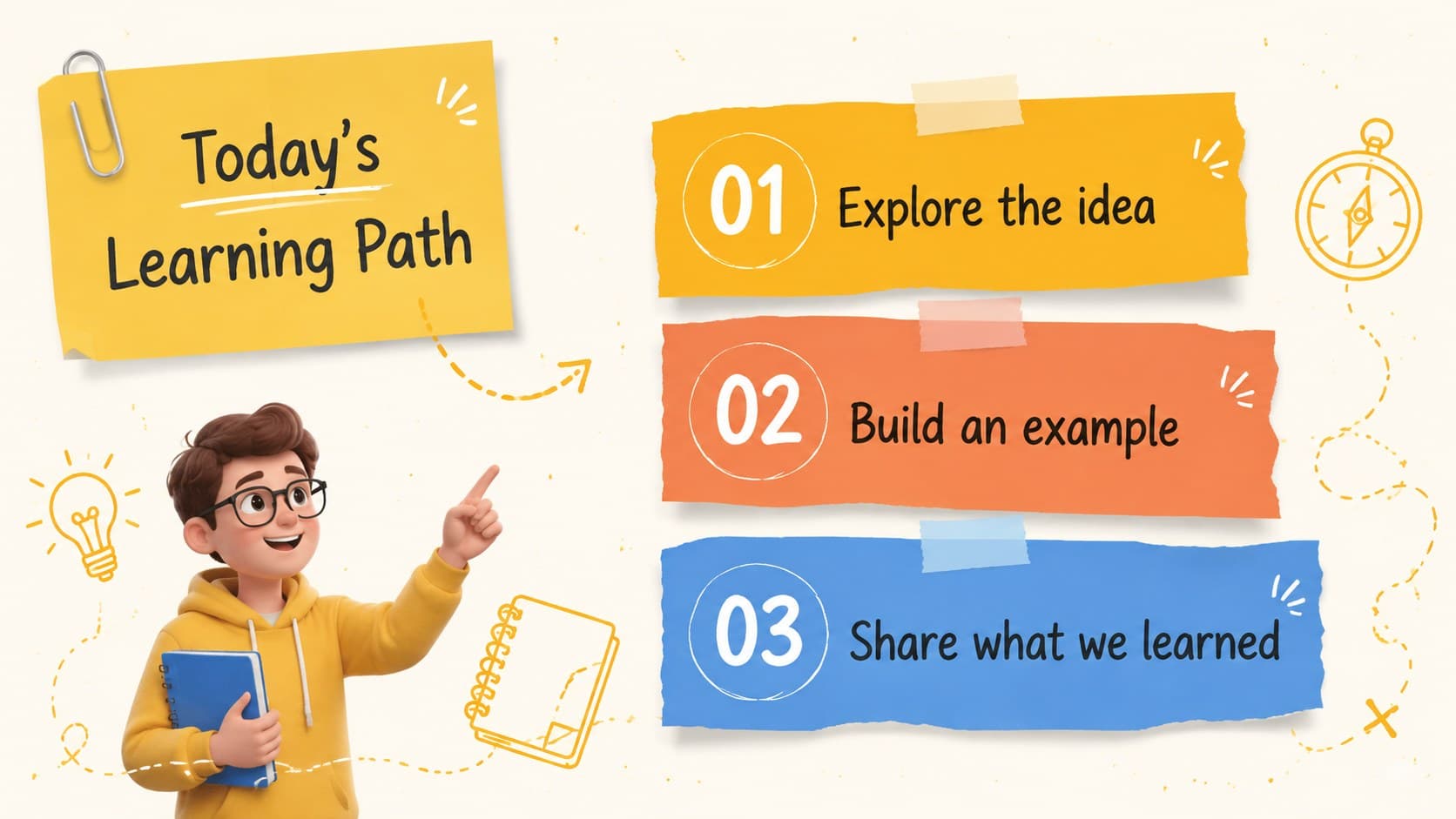 Colorful education presentation template slide introducing a clear three-part learning agenda.